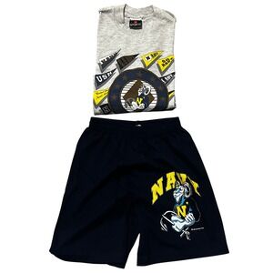 1991 US Navy Naval Academy Mascot T-Shirt Shorts Set Gray Blue Saturday's Hero
